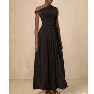 Miss Rosier Eugenie Mono-Shoulder Shirred-Panel Maxi Dress in Black Size S NWT